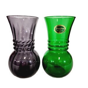 Indiana Glass Anchor Glass Vase Lot of 2 Plum Swirl Forest Green Vtg 6 1/4in USA